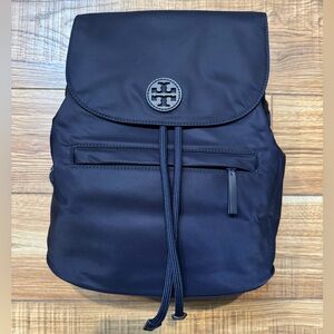 Tory Burch nylon flap backpack, navy blue, used once